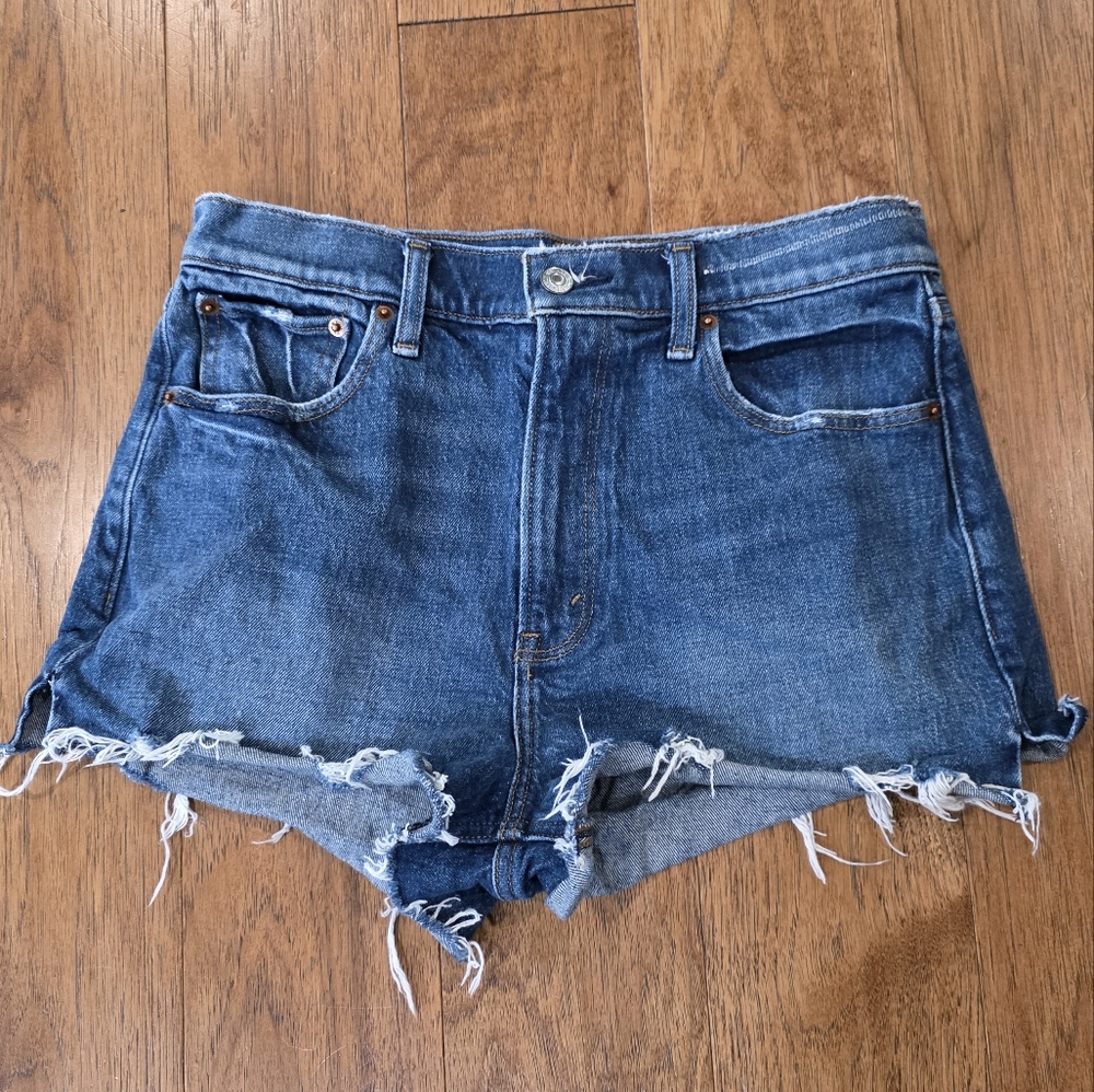 Abercrombie & Fitch High Rise 2" Rise Mom Distressed Denim Blue Cut Off Shorts